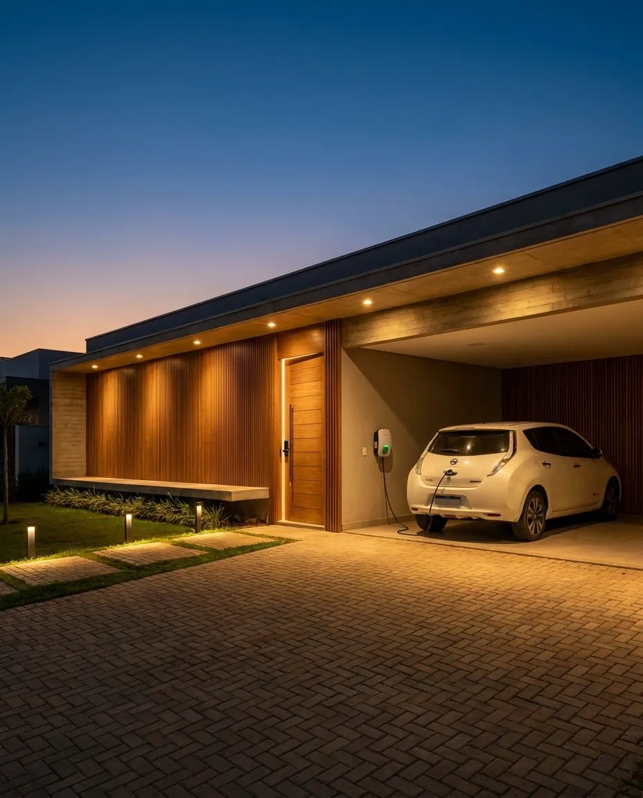 Casa com iluminação planejada e carro elétrico carregando no wallbox da garagem