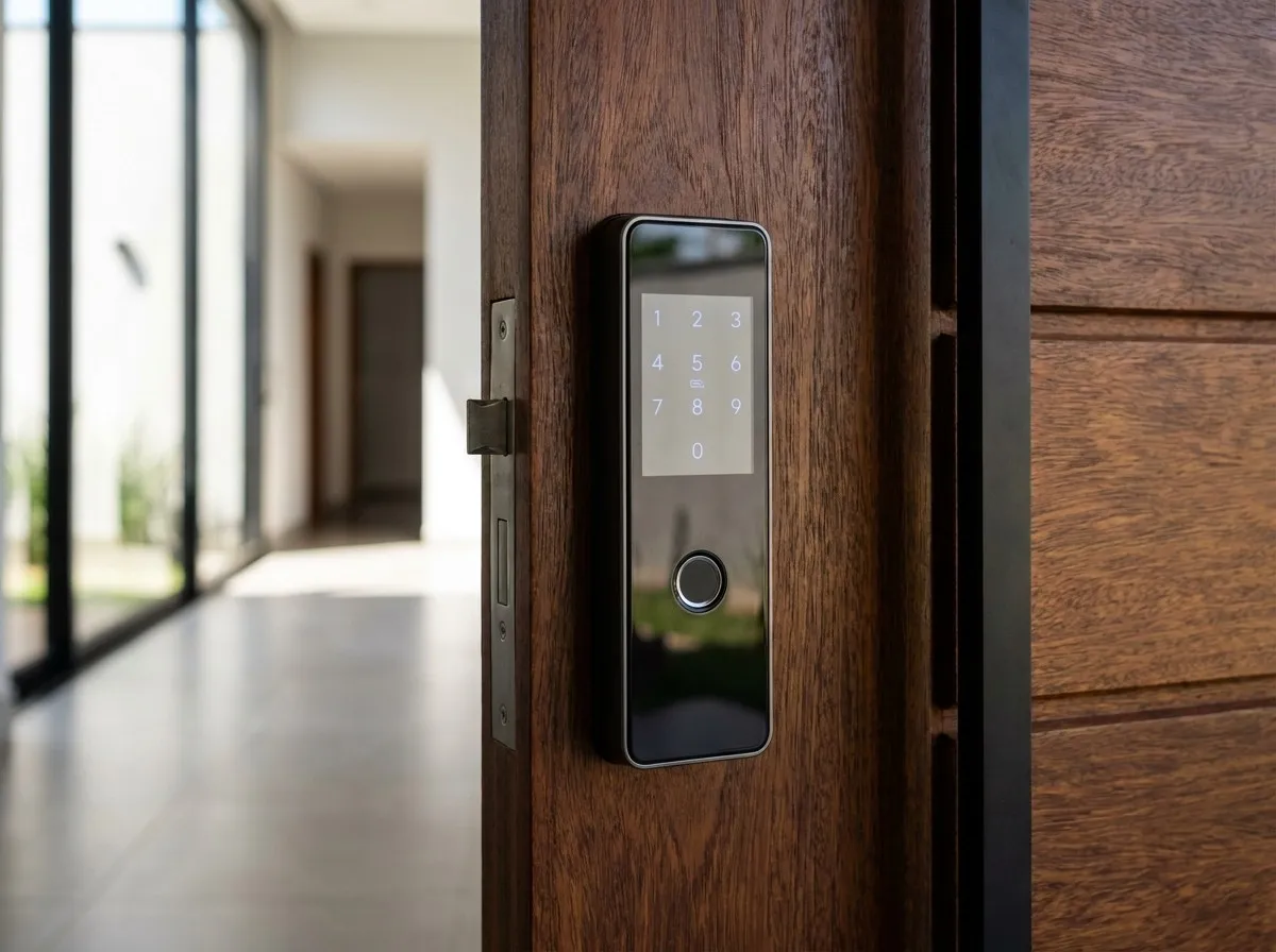 Fechadura digital com teclado e biometria instalada em porta de madeira