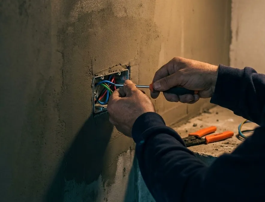 Mãos de eletricista conectando a fiação em uma caixa de tomada