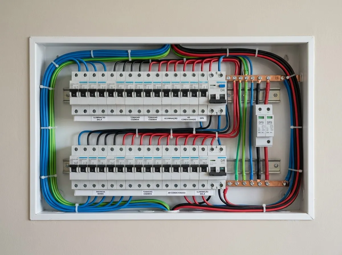 Quadro elétrico organizado, com disjuntores identificados