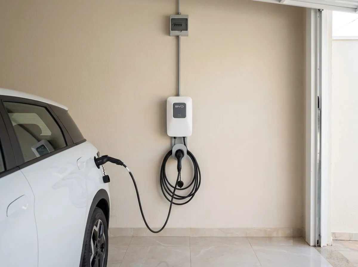 Wallbox instalado na parede de uma garagem, carregando um carro elétrico